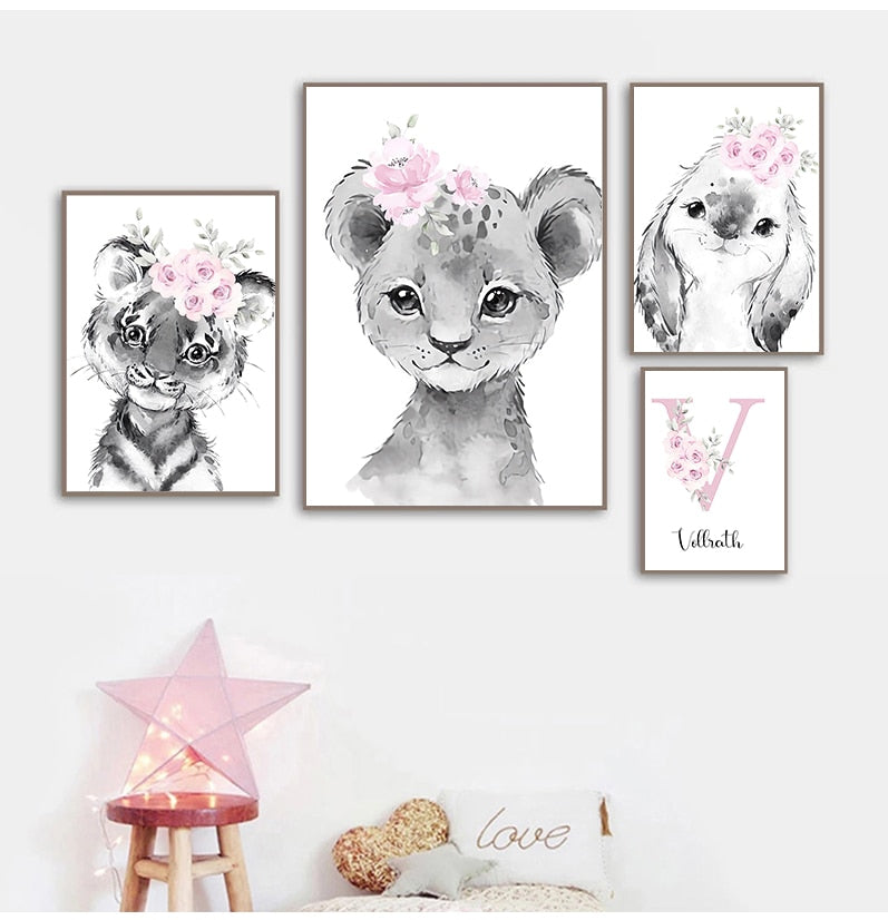 lifestyle home image of personalized custom name poster and adorable animals for the kids room
