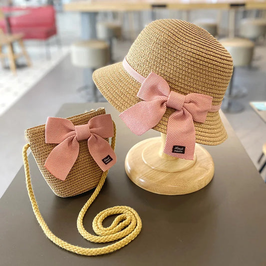 Pretty in Straw: Girls' Sun Hat and Beach Bag Combination