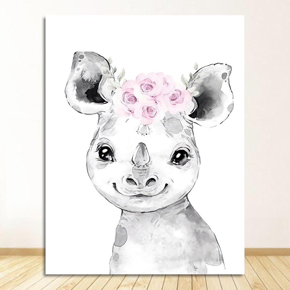 super cute floral rhino drawing wall art for the babys room or nursery