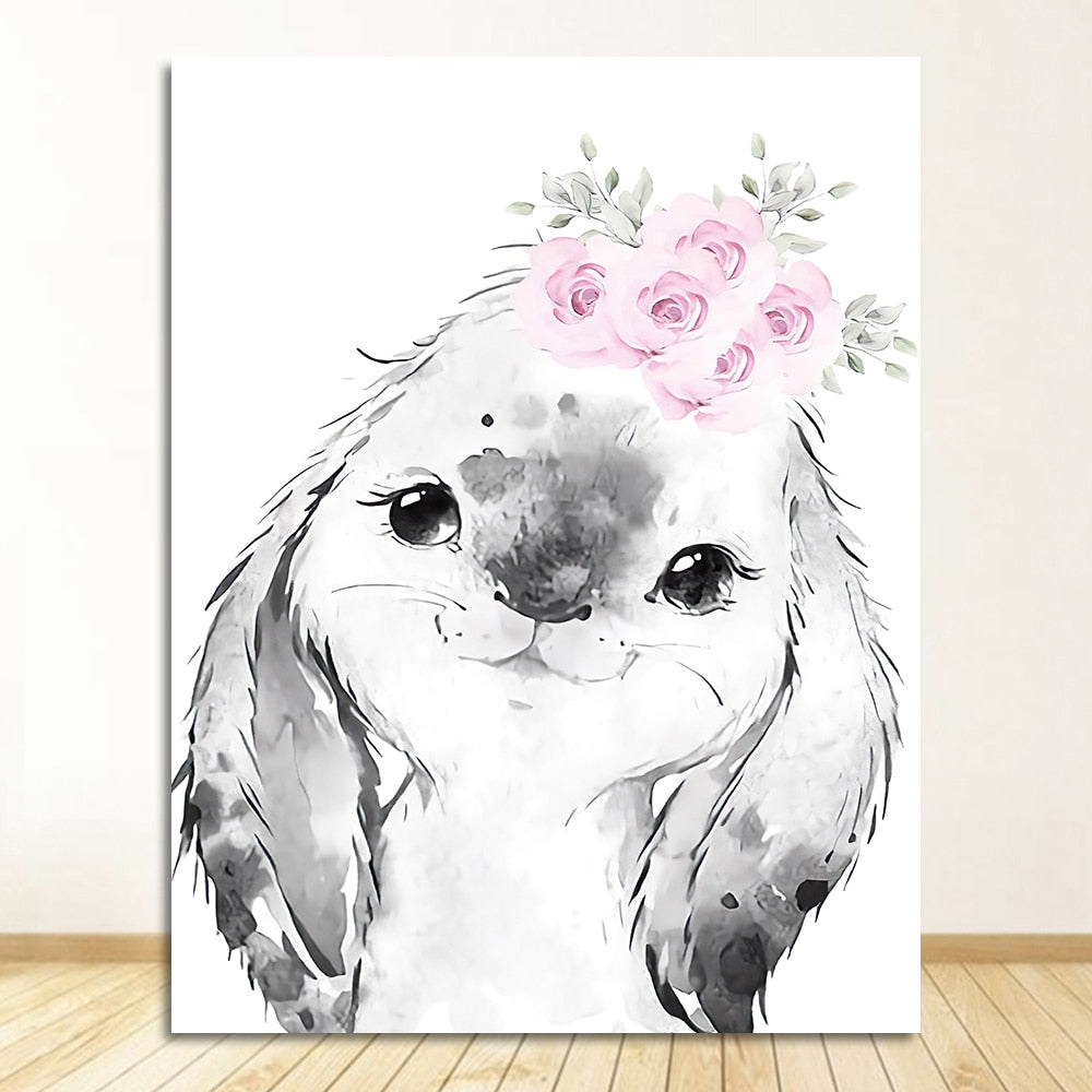 adorably cute and simple pastel bunny rabbit with floral headband, custom poster wall art