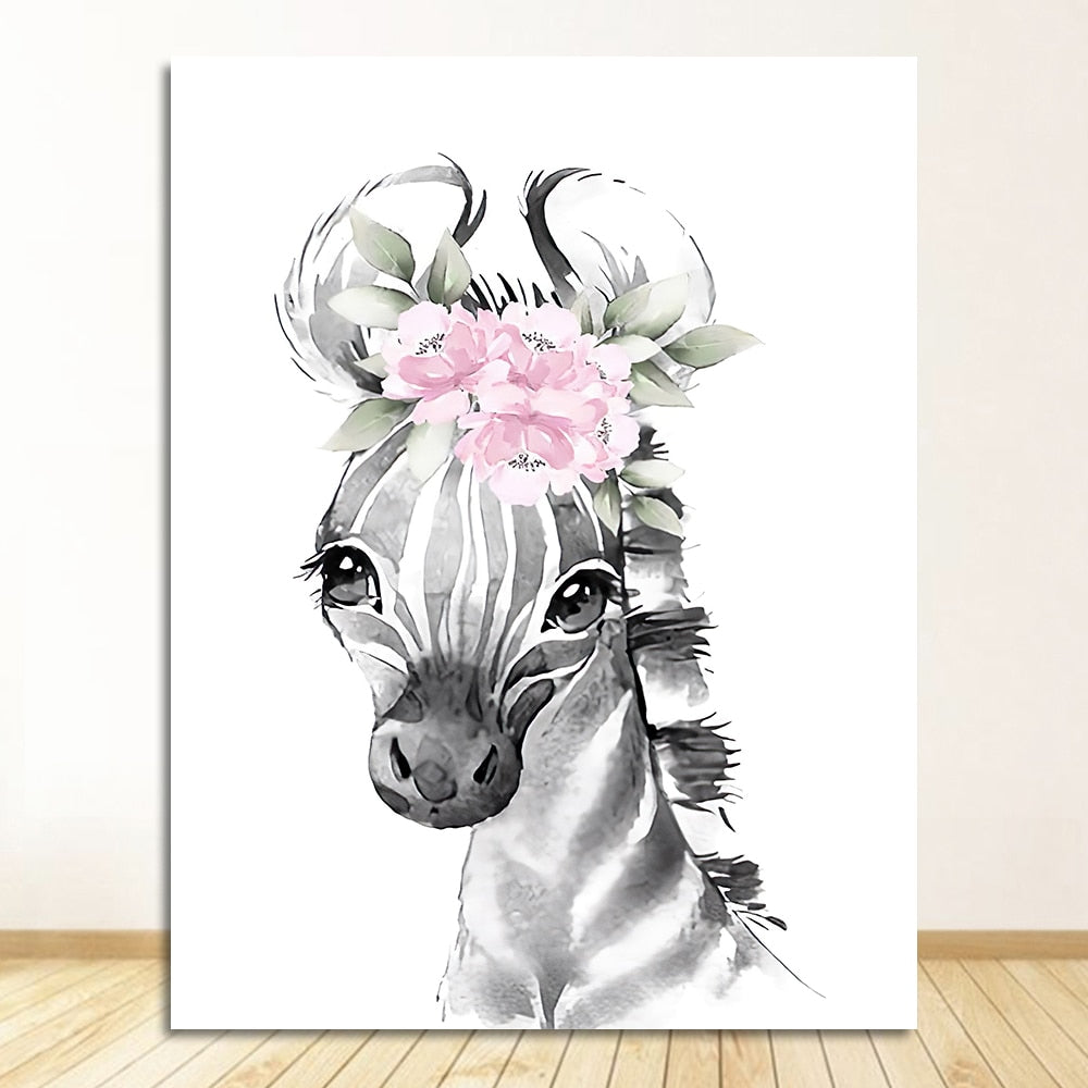 black and white zebra with floral pattern canvas poster wall art