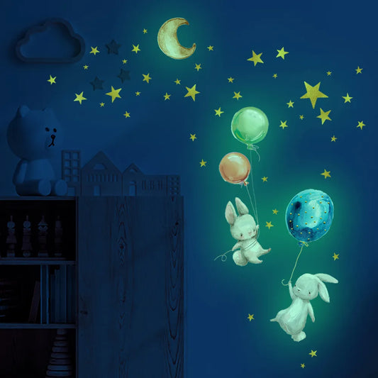 Illuminate Your Space with Glow-in-the-Dark Cartoon Bunnies Balloon Wall Stickers!