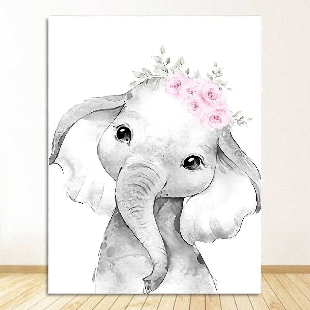 kawaii elephant drawing minimalist wall art, duotone floral