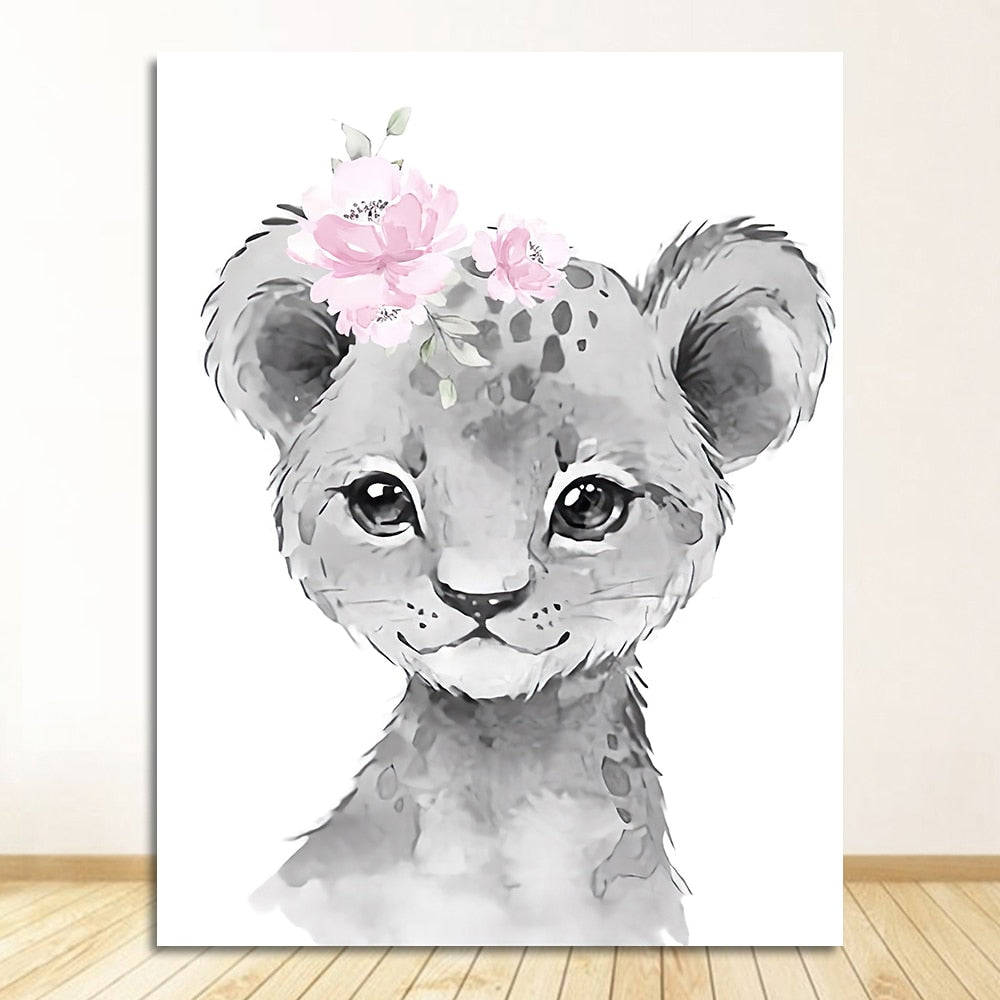 adorable lion wall art, complete with floral headband canvas wall art