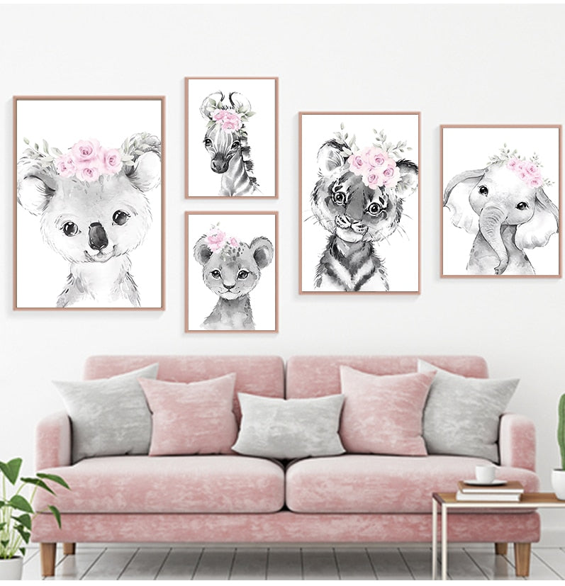 Home living decor, 5 adorable posters to enhance your living room, zebra, koala, elephant, lion, tiger