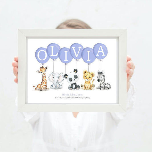 custom name balloon poster with cute animals, Jungle Animals and Custom Name Balloon Wall Art