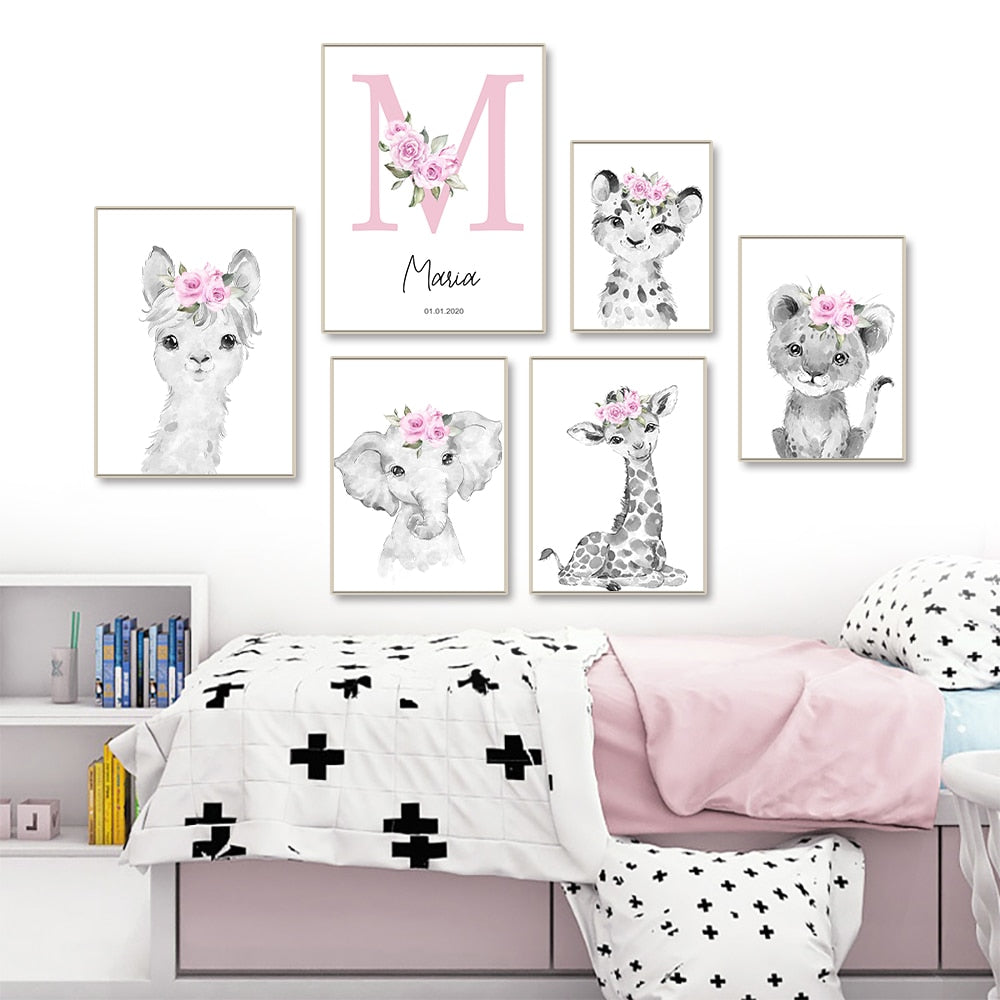Adorn Your Girls' Nursery with Personalized Animal Canvas Art: Light-Tone Theme