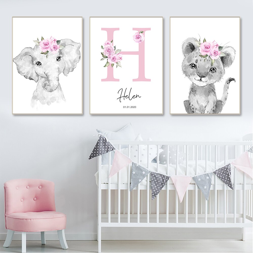 Create a Cozy Girls' Nursery with Personalized Light-Tone Animal Canvas Prints