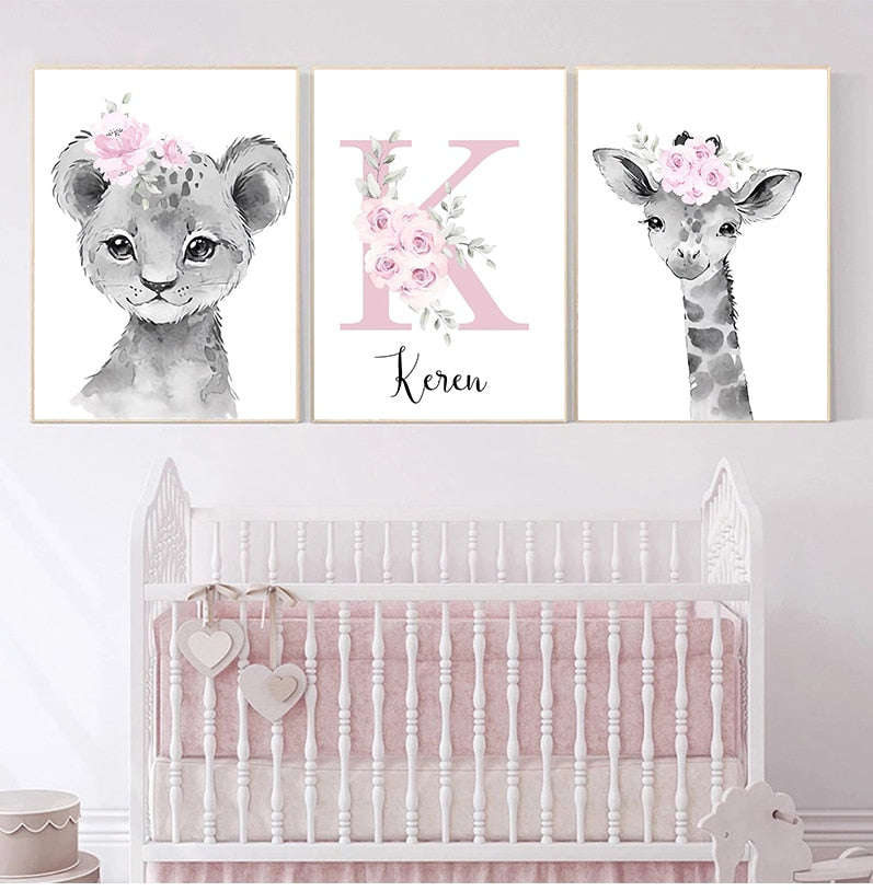 3pc poster set lion, giraffe and beautifully made custom name wall art for the nursery
